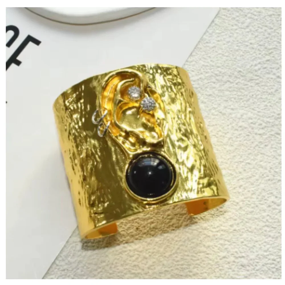 Luxury Gold Sculptural Surrealist Wide Cuff Bracelet Schiaparelli Inspired
